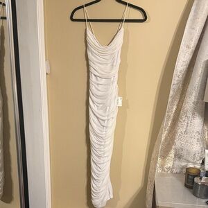 Chic White Ruched Midi Dress